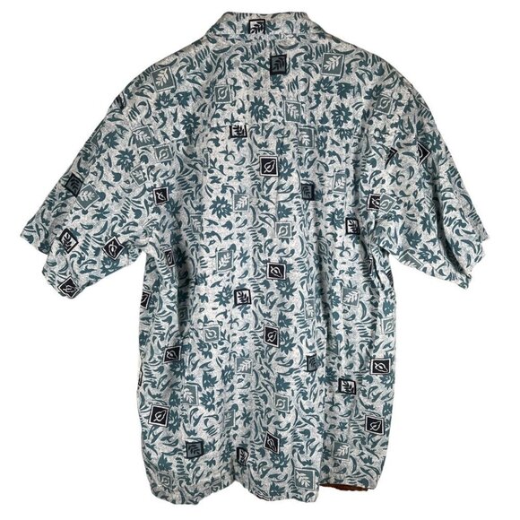 OP Sport Mens Size L Hawaiian Camp Shirt Blue Retro Print Cotton Blue Side Slits - Picture 2 of 10